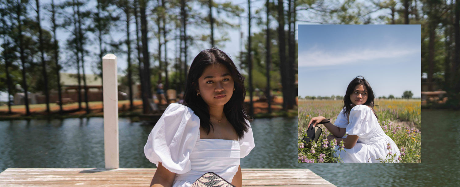 woman sitting on a water floating platform holding a woven laptop case, a woman sitting on a flower field holding a woven phone wallet