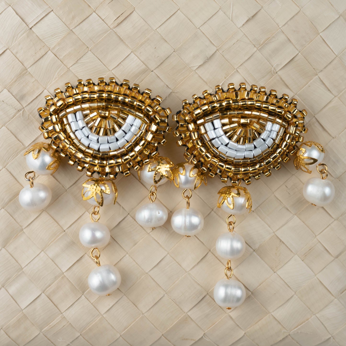 Bead-Embroidered Gold Eye with Natural Freshwater Pearls Statement Earrings