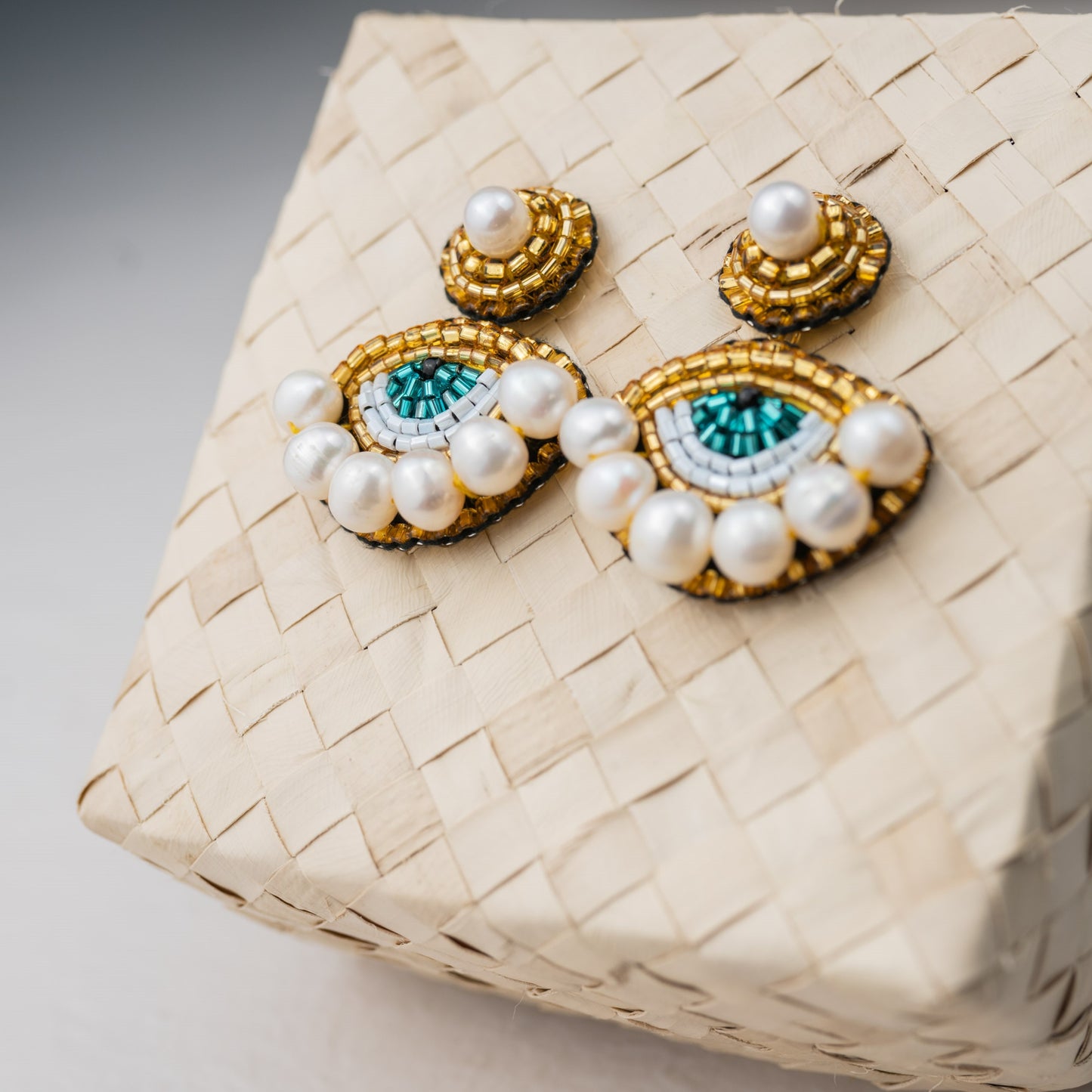 Bead-Embroidered Teal Blue and Gold Eye  with Natural Freshwater Pearls Statement Earrings