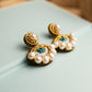 Bead-Embroidered Teal Blue and Gold Eye  with Natural Freshwater Pearls Statement Earrings