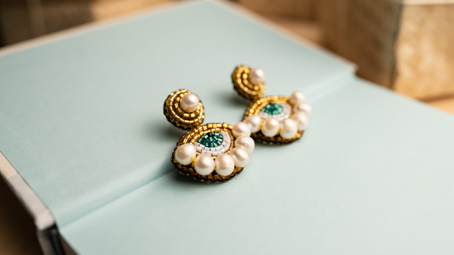 Bead-Embroidered Teal Blue and Gold Eye  with Natural Freshwater Pearls Statement Earrings