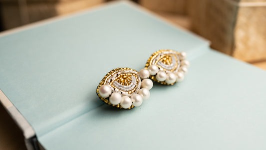 Bead-Embroidered Gold Eye with Natural Freshwater Pearls Statement Earrings