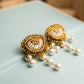 Bead-Embroidered Gold Eye with Natural Freshwater Pearls Statement Earrings