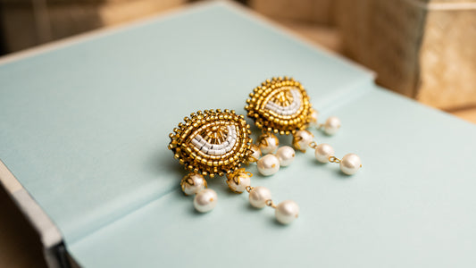 Bead-Embroidered Gold Eye with Natural Freshwater Pearls Statement Earrings