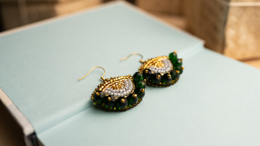 Bead-Embroidered Bicone Emerald Green Crystal Eye Statement Earrings