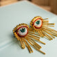 Embroidered Bugle Beaded Gold Eye  Statement Earrings