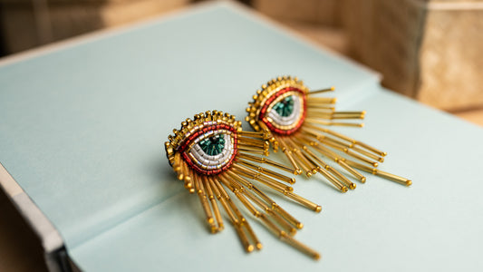 Embroidered Bugle Beaded Gold Eye  Statement Earrings